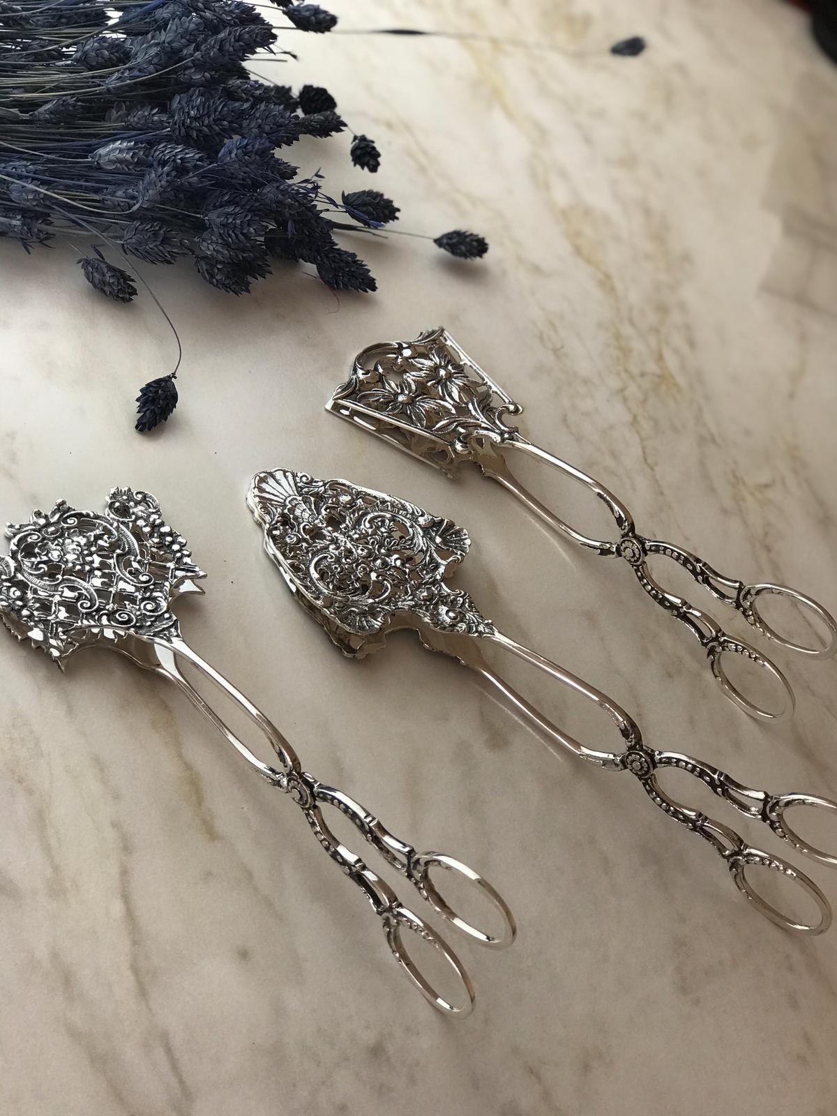 Argento Hane Ajurlu Gümüş Kaplama Klasik İkram Maşası - ( 18cm - 20cm - 18cm )