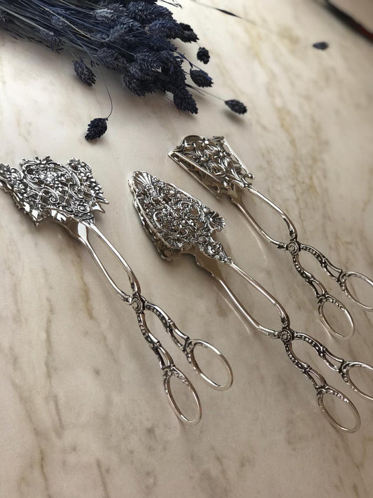 Argento Hane Ajurlu Gümüş Kaplama Klasik İkram Maşası - ( 18cm - 20cm - 18cm )